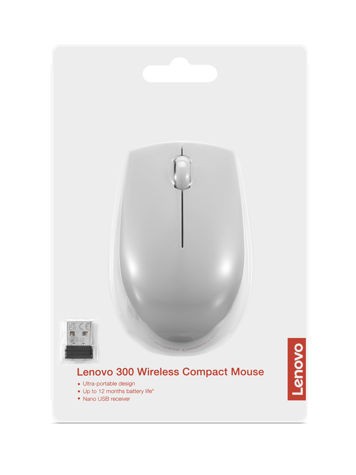 Ambalajında beyaz bir Lenovo 300 kablosuz fare. Paket, bir USB alıcısı içerir. Metin, ultra taşınabilir tasarım ve pil ömrünü gösterir.