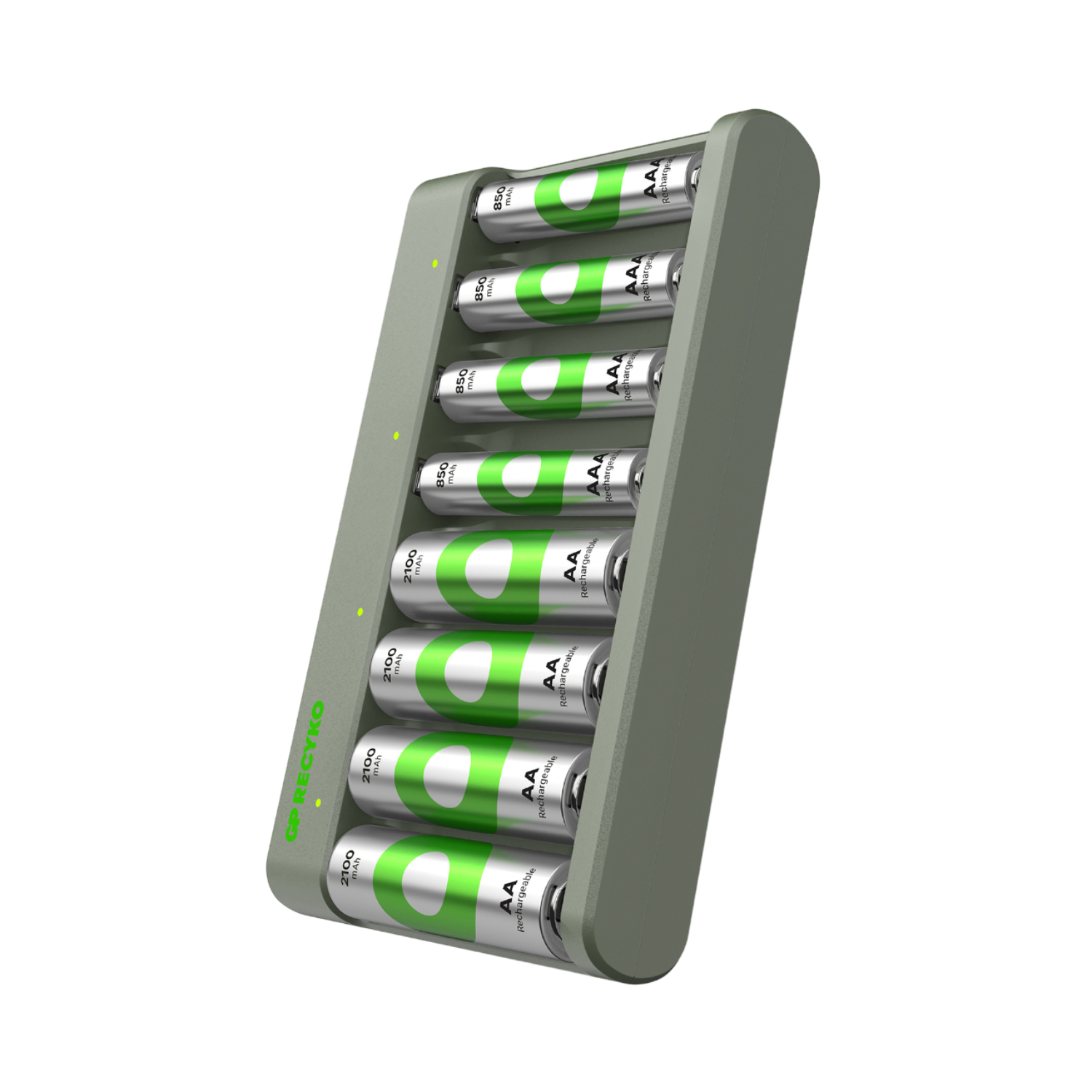 Acculader met 8 AA- en AAA-batterijen, groen en wit, in een schuine grijze houder.