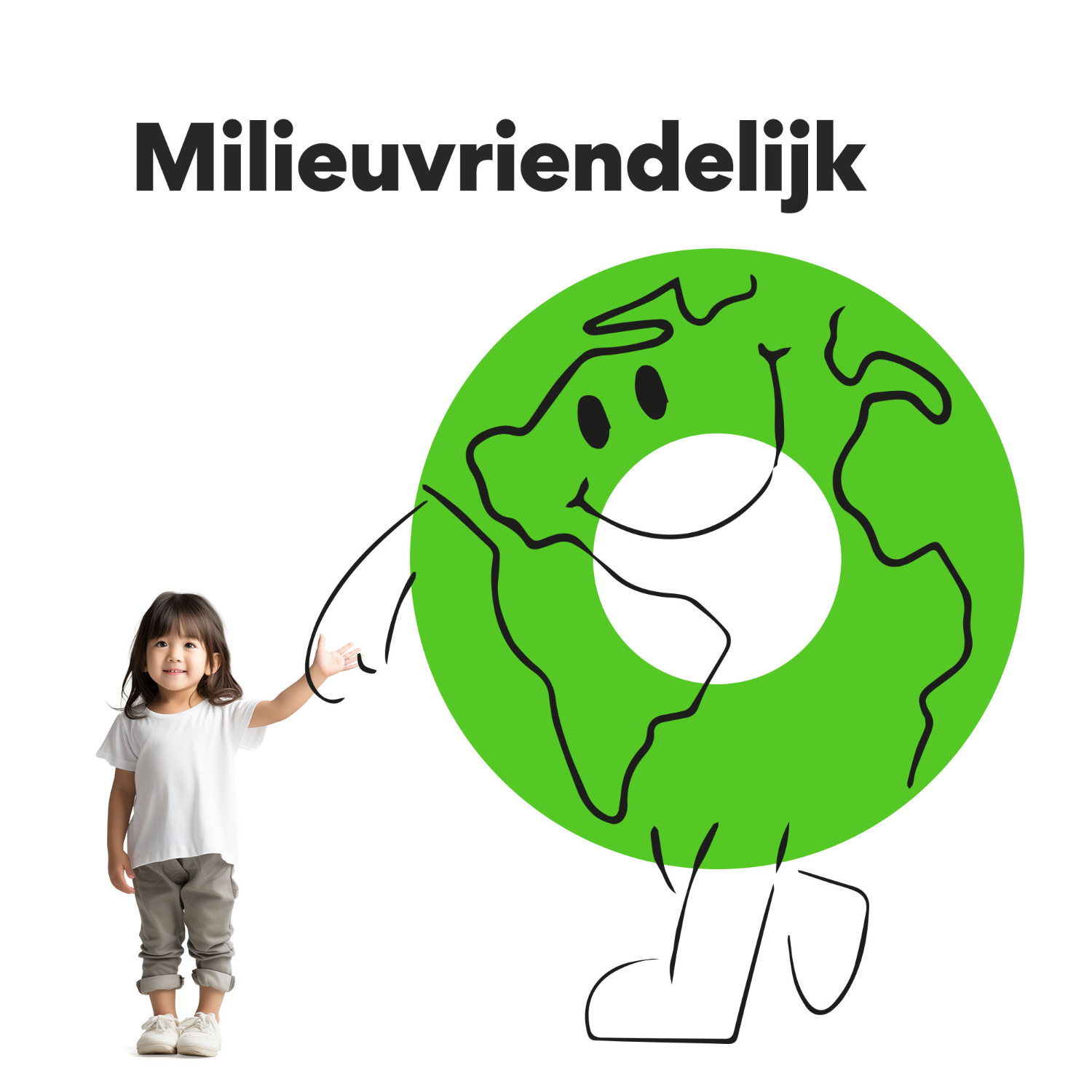 Een kind met een groene planeet-cartoon. Tekst: Milieuvriendelijk.