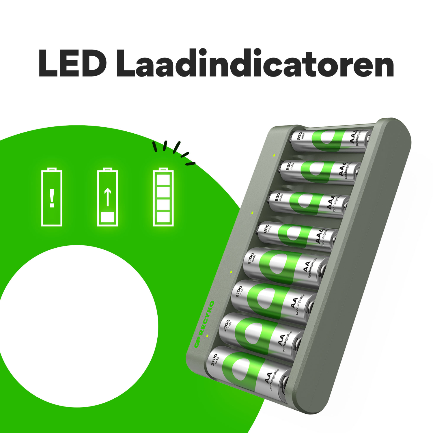 Acculader met AA-batterijen, oplaadindicatielampjes en groene grafiek met iconen.
