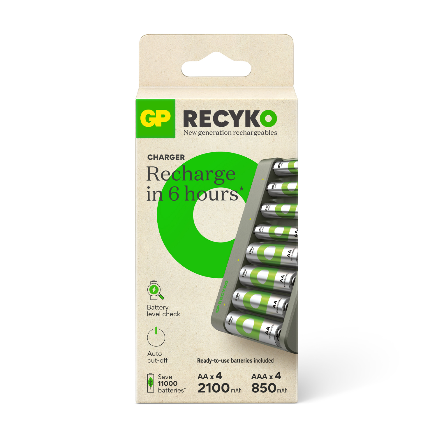 GP Recyko batterijoplader met AA- en AAA-batterijen, groen-witte verpakking, met instructies.