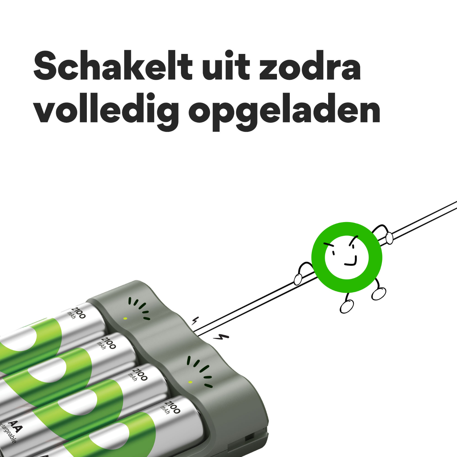 An animated green circle character with an expression, charging batteries on a charger.