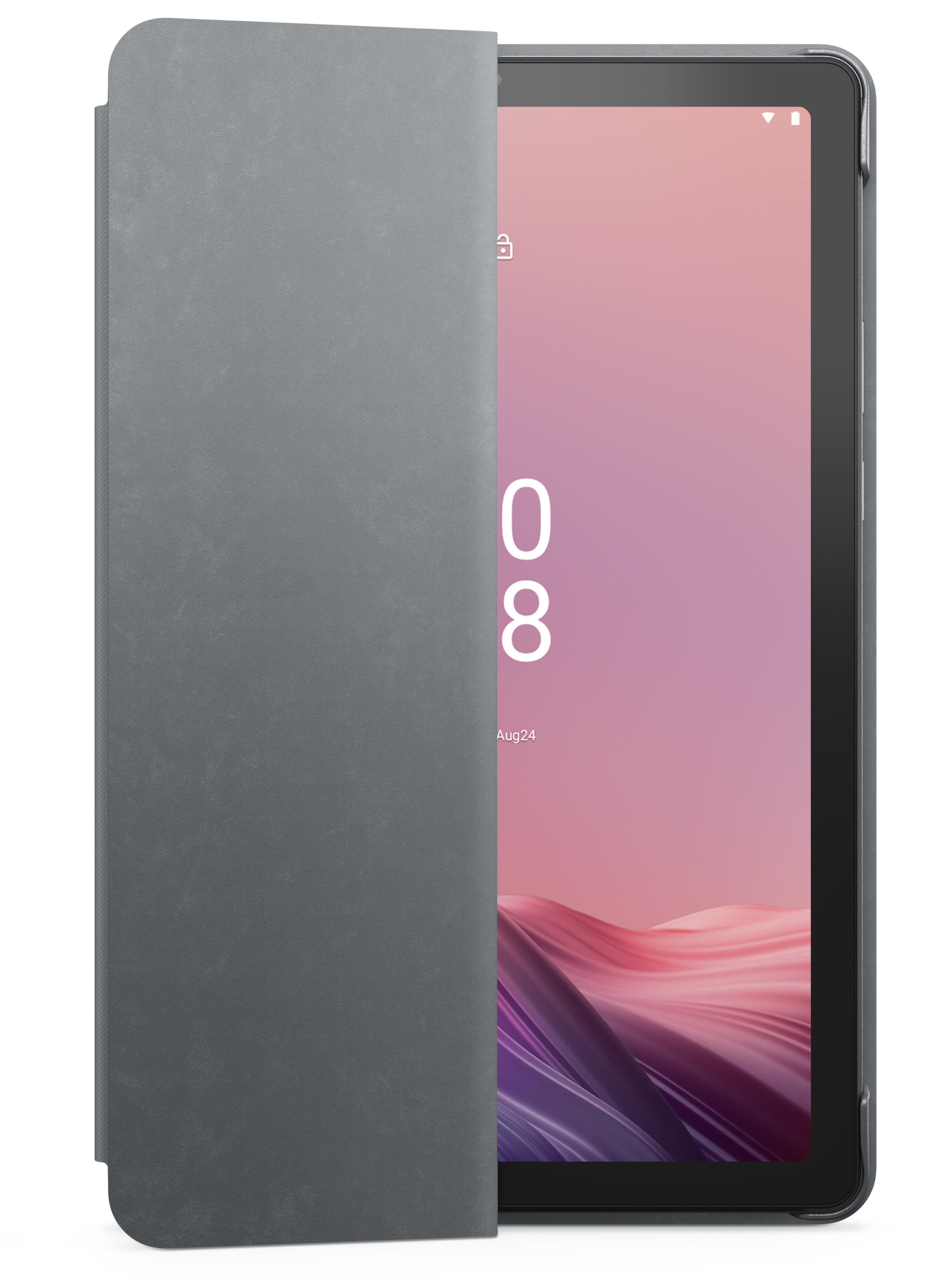 Gri bir kapağı açık olan tablet, pembe ve mor bir ekran gösteriyor.