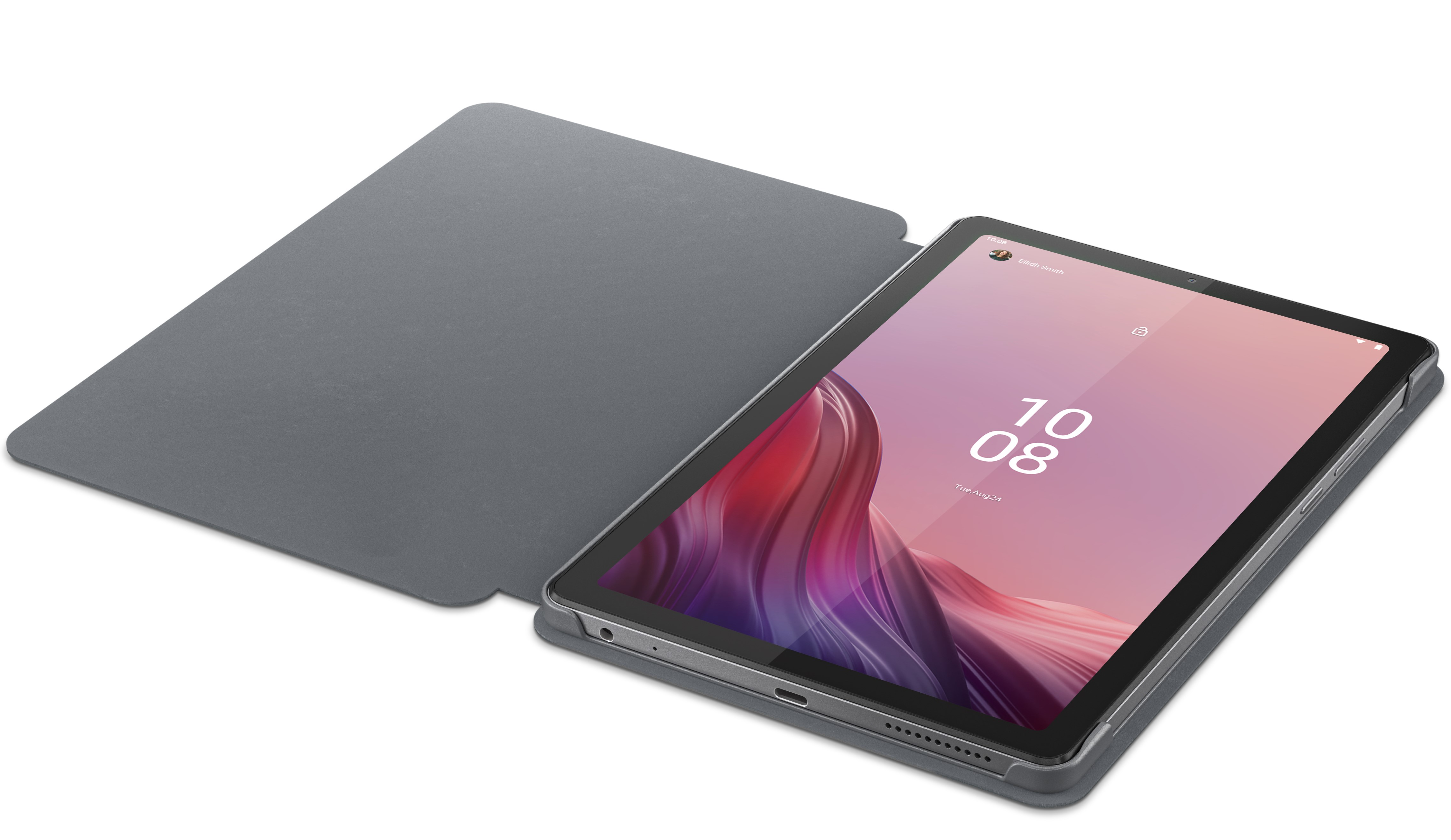 Gri bir kılıfı açık, ekranı gösteren bir tablet.