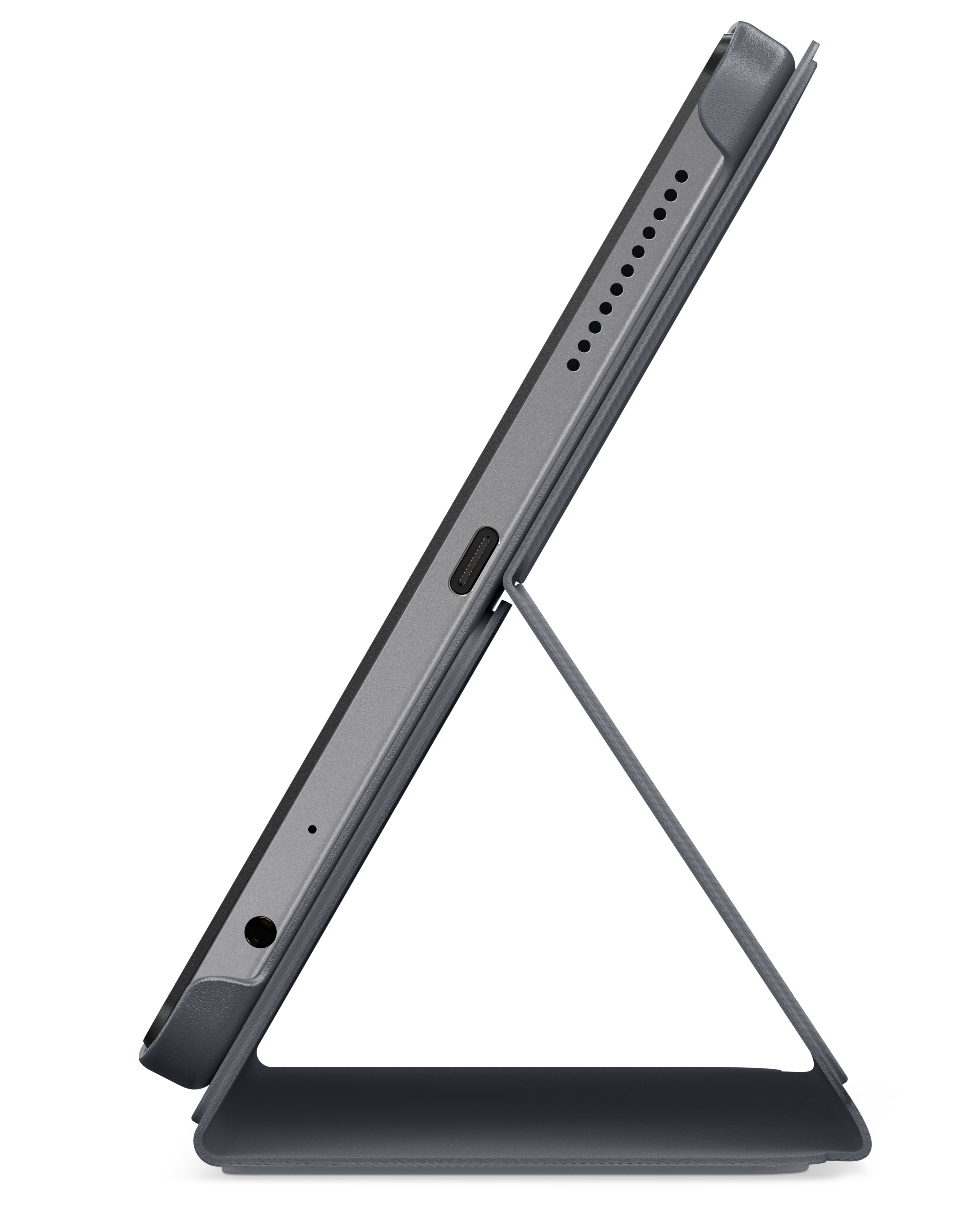 Kılıf içinde gri tablet, desteklenmiş. Siyah çerçeve, koyu mavi ön kapaklı. Beyaz arka plan.