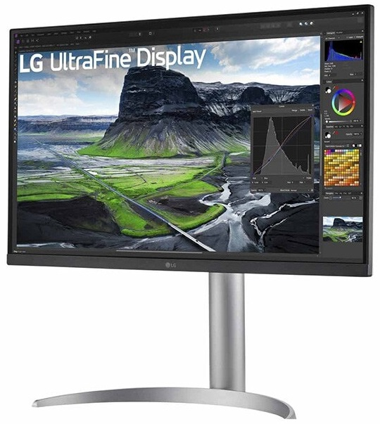 Monitor LG ze srebrną podstawą, wyświetlający program do projektowania.