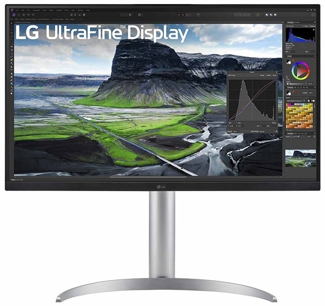 Monitor LG UltraFine Display z korekcją kolorów i obrazem krajobrazu.