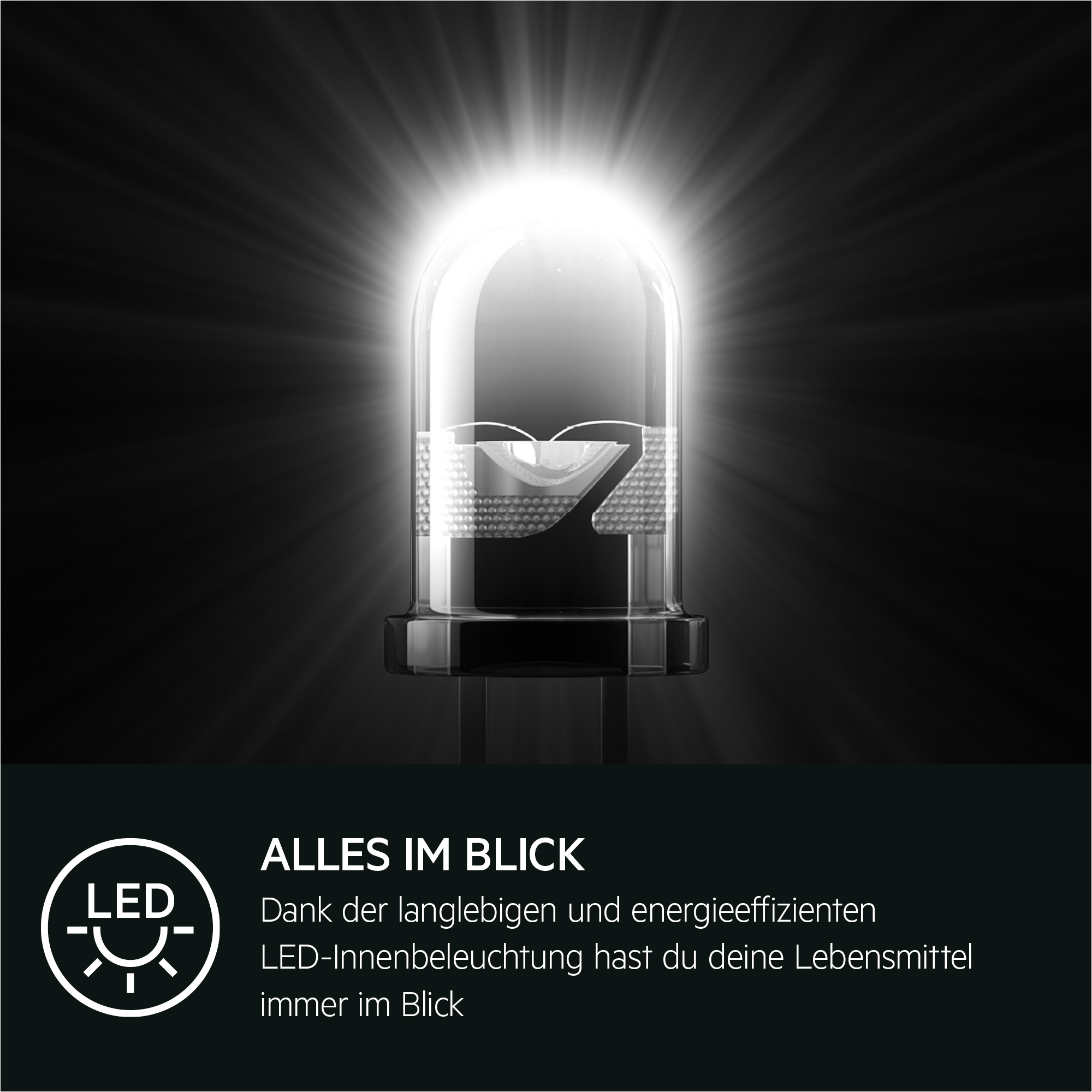 LED-Glühbirne mit hellem Licht in einem Glaskasten. Der Hintergrund ist schwarz.