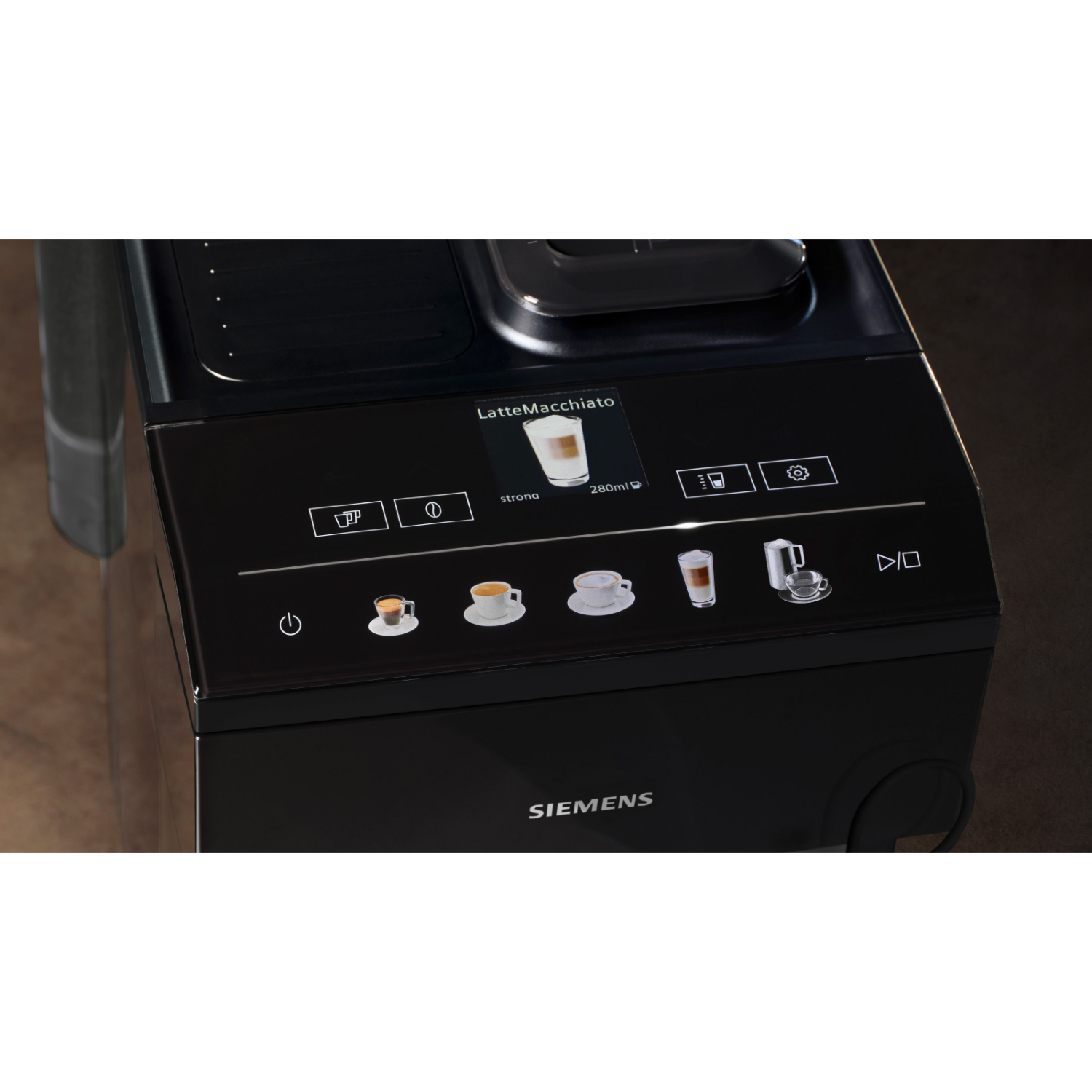 A black Siemens coffee machine with a touch screen displaying latte macchiato options.