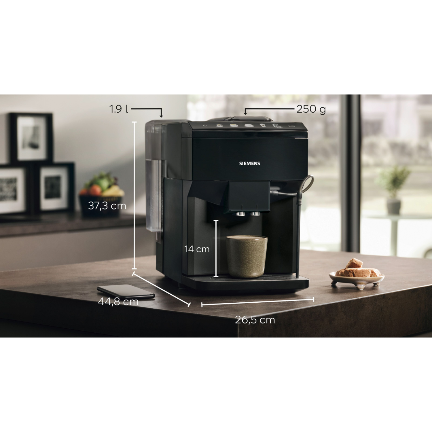 A black Siemens coffee machine with measurements, and a cup on the counter.