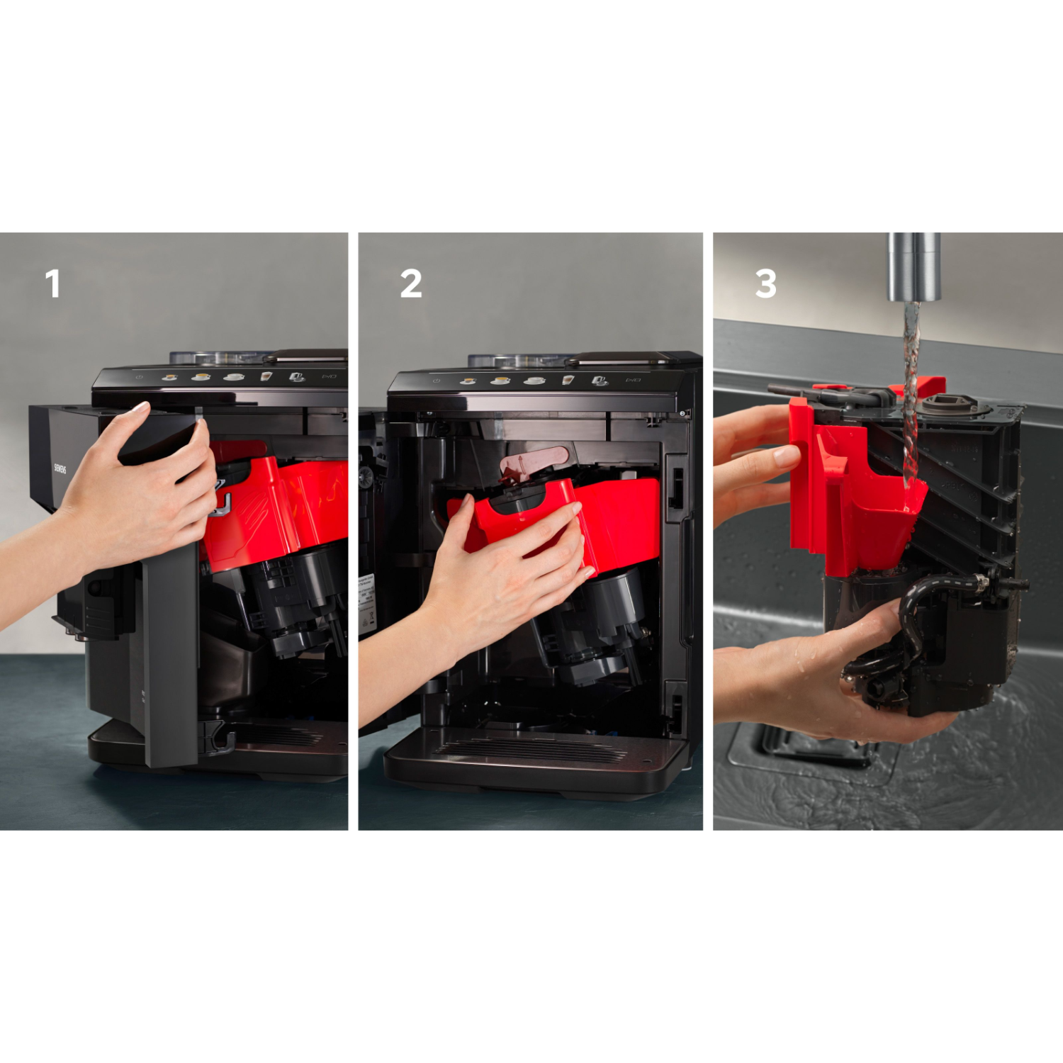 Hands remove and replace a red filter from a black coffee machine, step by step.