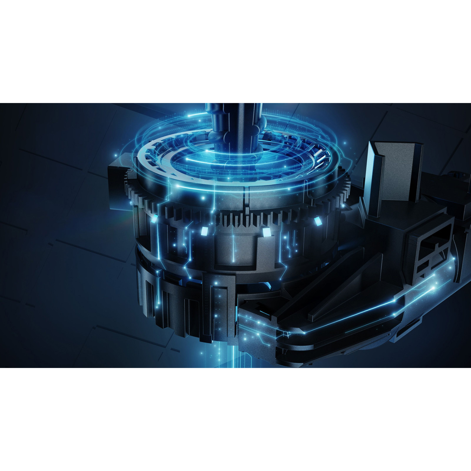 Abstract image of a mechanical device with blue light effects.