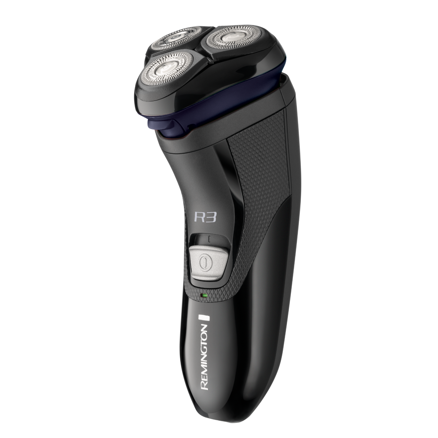 A black electric shaver with three rotating heads and a blue accent.