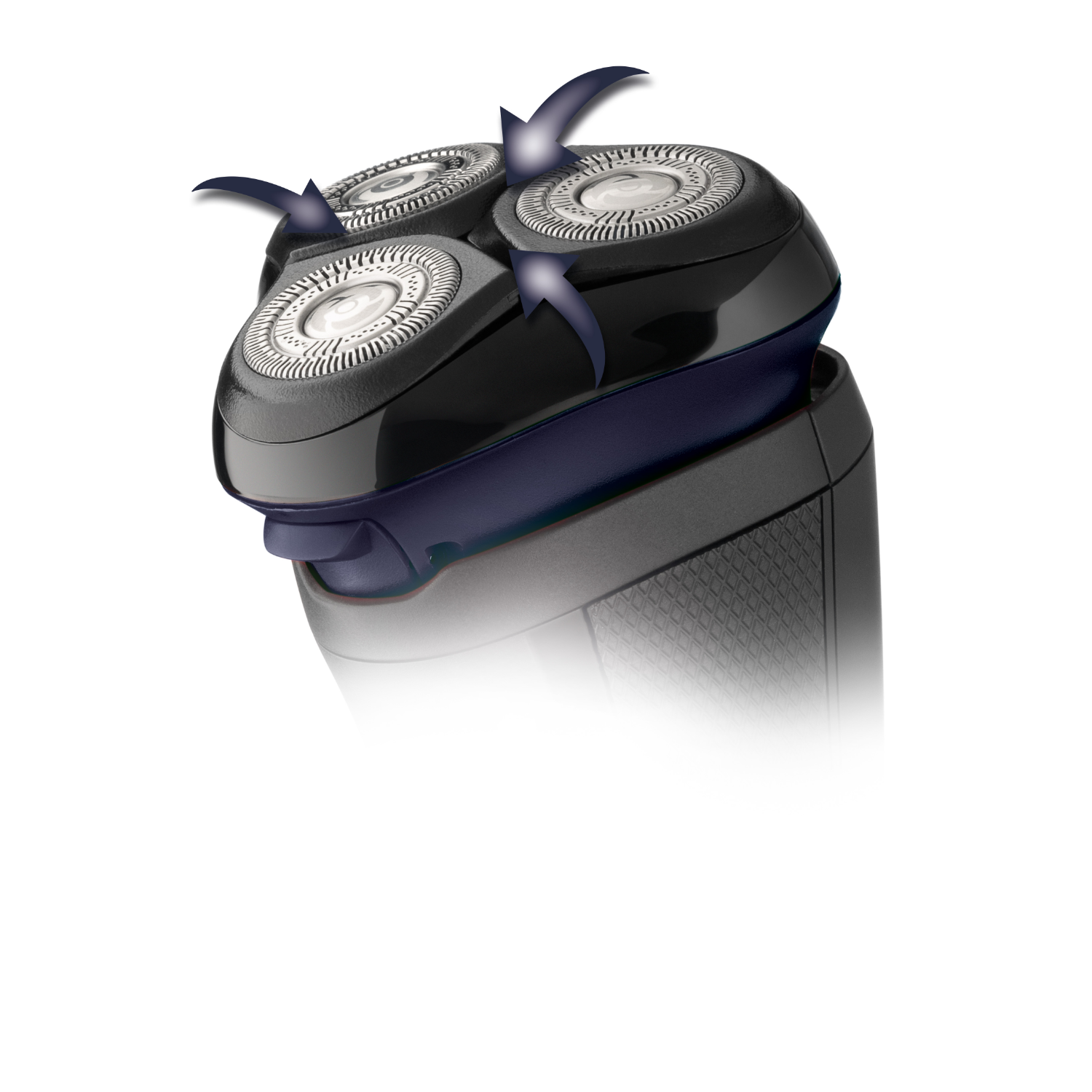 Close-up of a black electric shaver with three rotating heads, showing the blades, on a white surface.