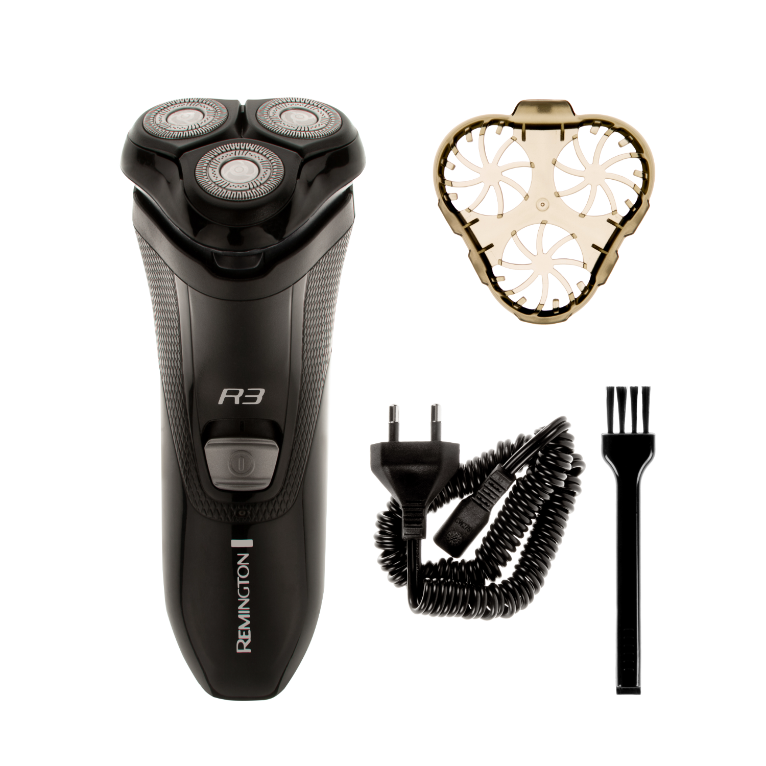 Black Remington R3 shaver, head, gold cover, black cord, and brush on white background.