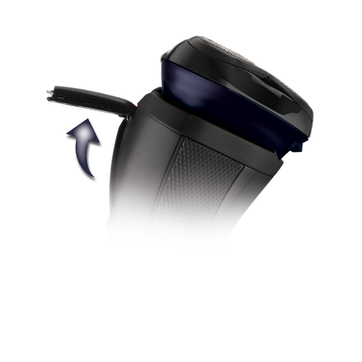 A black electric shaver with a head that swivels and an arrow pointing away.