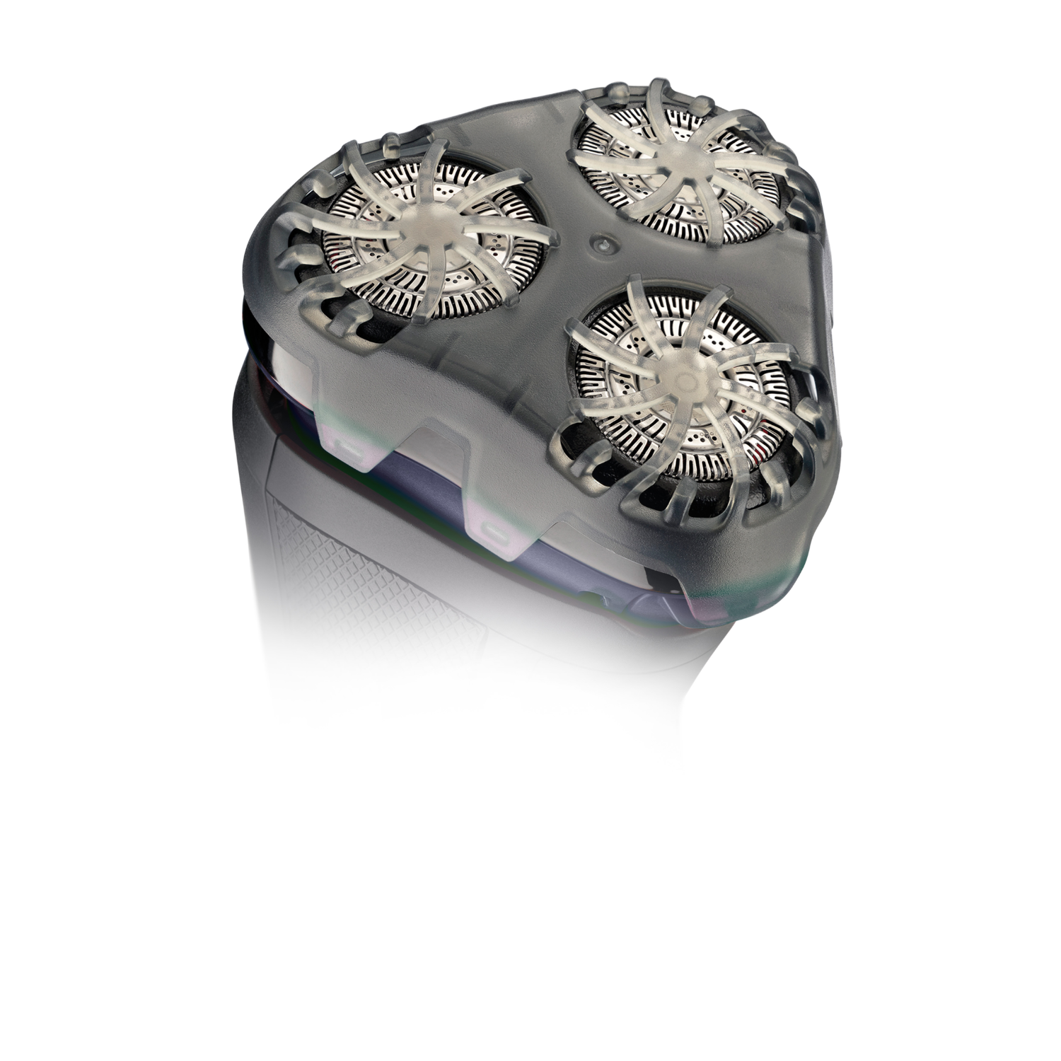 The top of a shaver. Three circular blades are visible, with transparent covers.