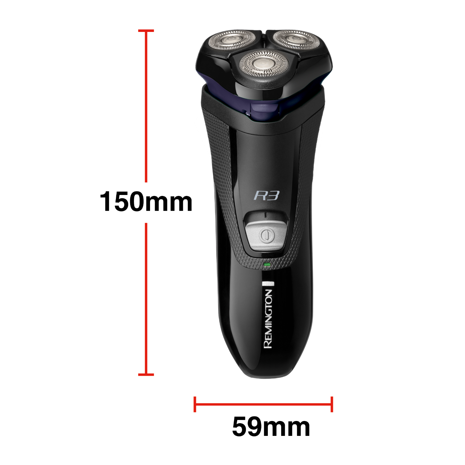 Black electric shaver with three rotating heads, dimensions in millimeters.