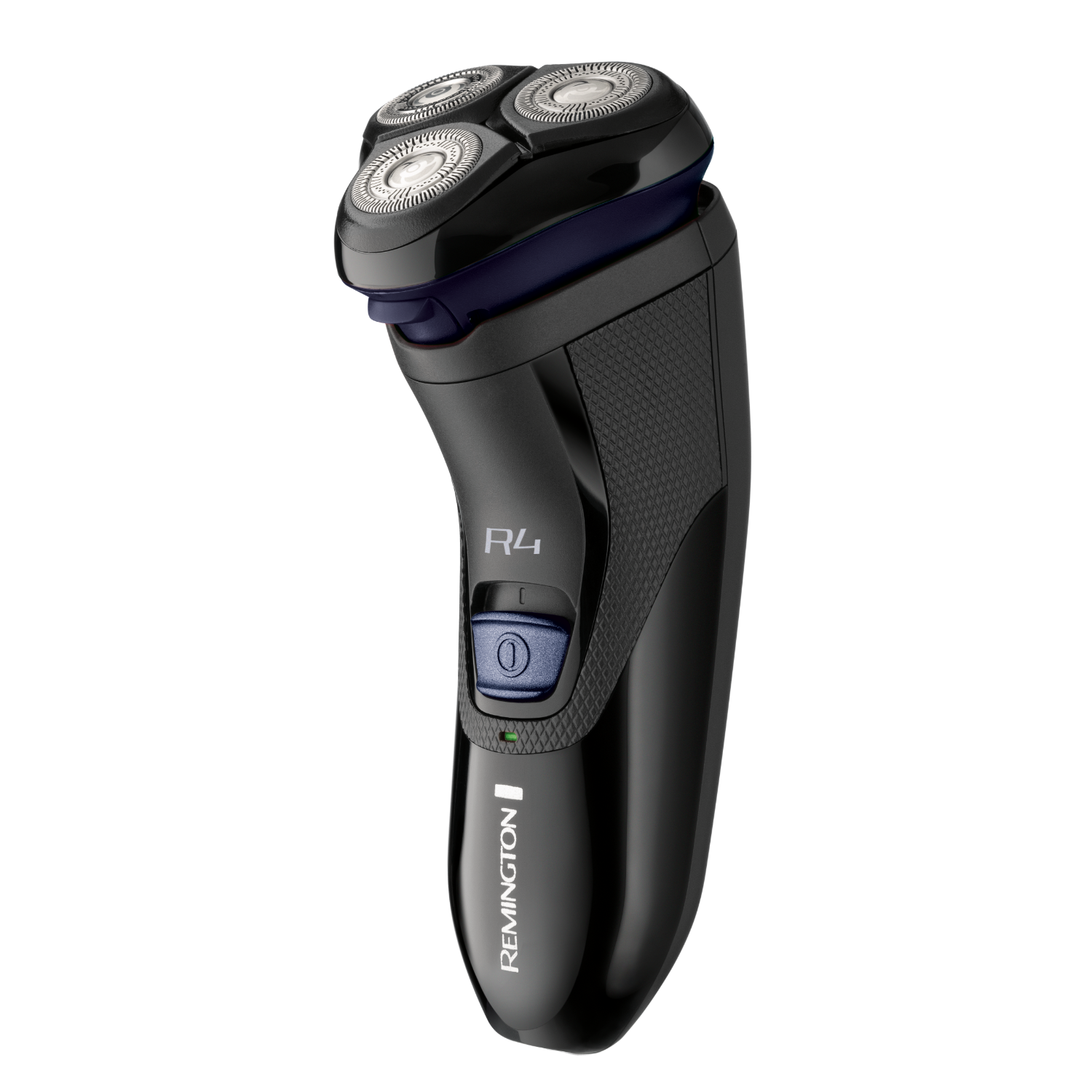 A man shaves his face and armpit with a black and green trimmer.