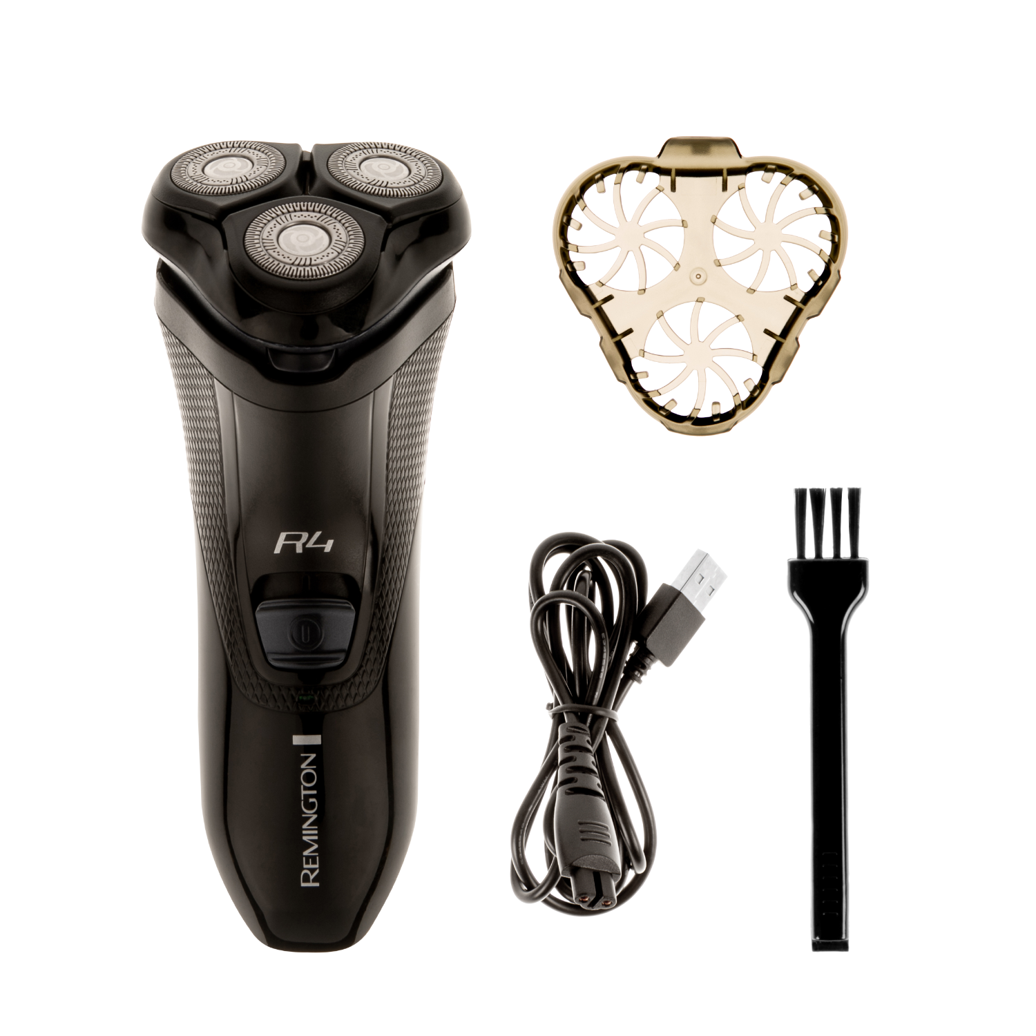 Black electric shaver with accessories: replacement head, charger, and brush.