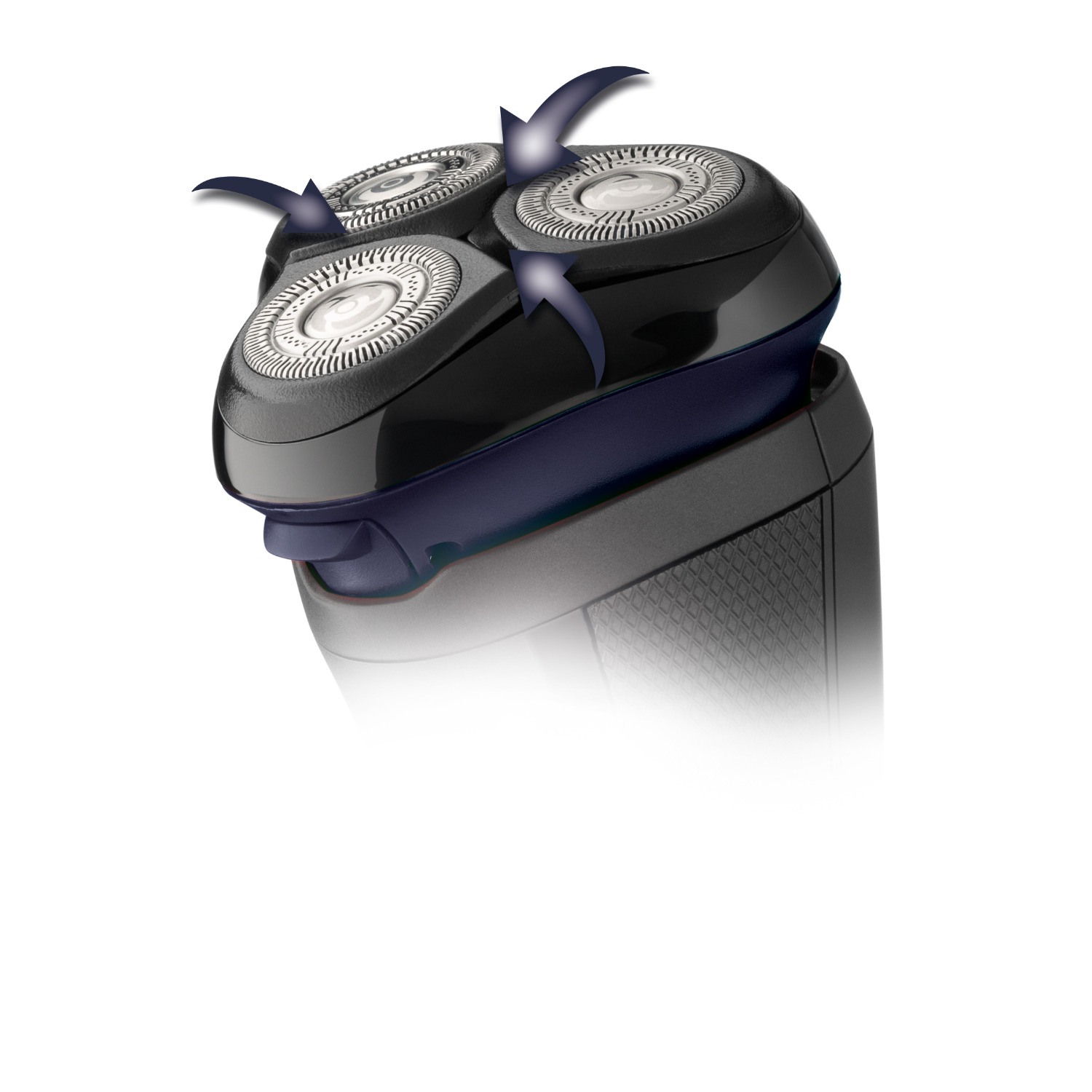 Electric shaver with three rotating heads and arrows showing the shaving direction.