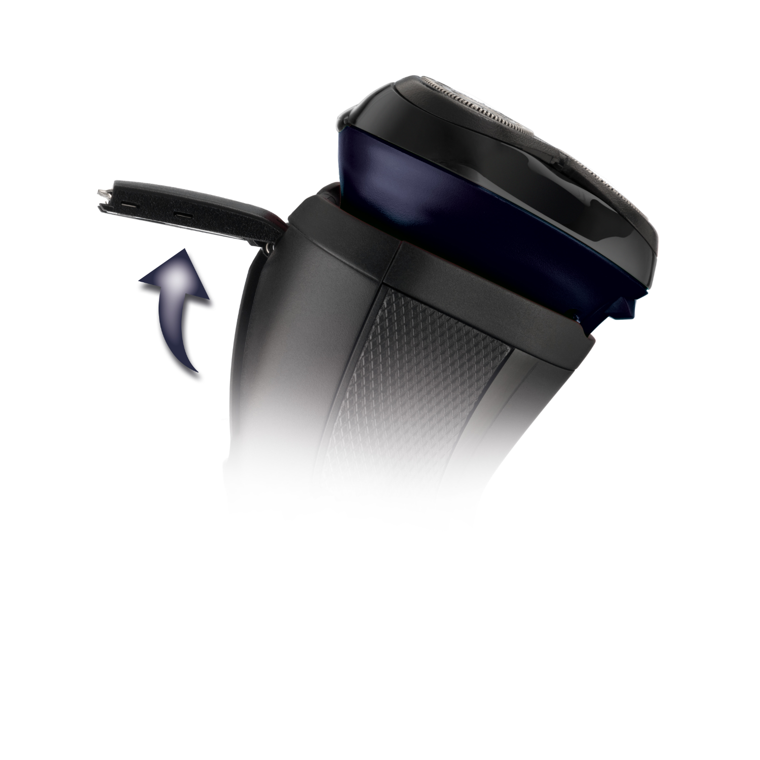 An electric shaver with the head open, revealing the blades. An arrow shows the open direction.