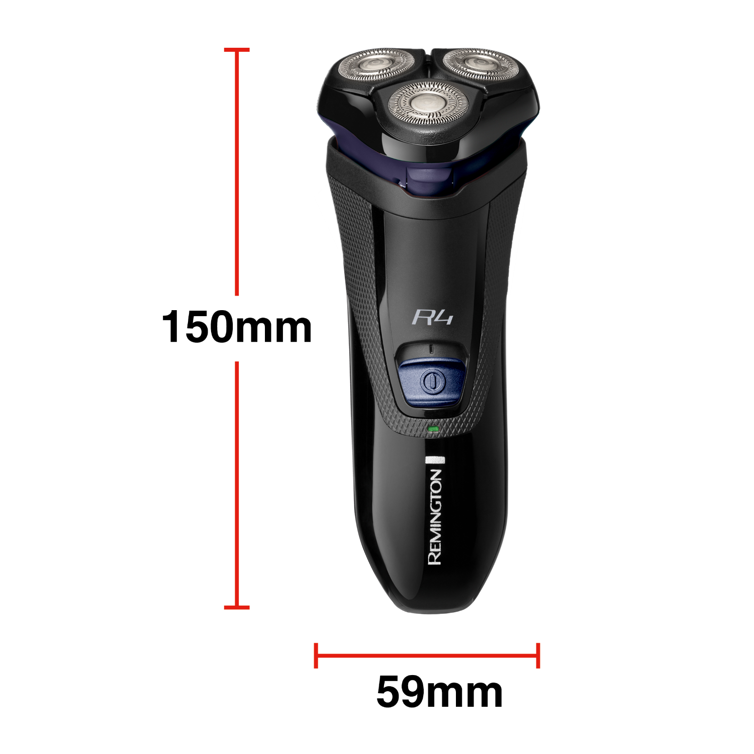 Black Remington R4 electric shaver with dimensions in mm.