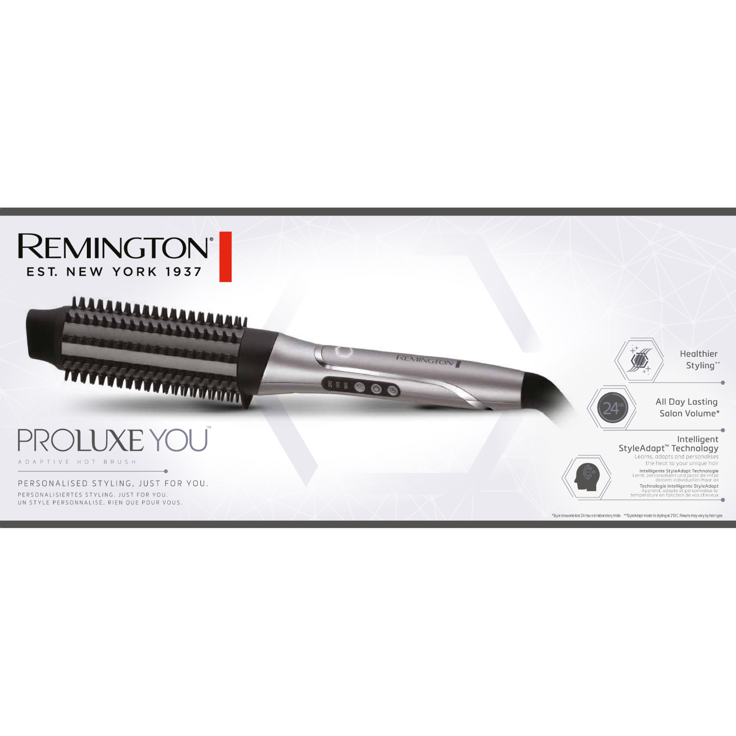 Remington Proluxe You hete borstel. Zilver en zwart. Tekst: Adaptieve hete borstel, gepersonaliseerde styling.