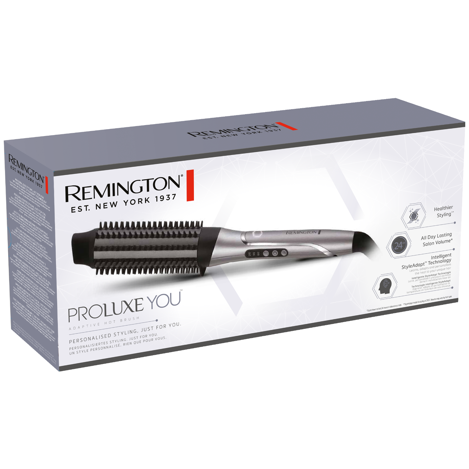 Productdoos voor een Remington haarstylingborstel, met productdetails en functies.