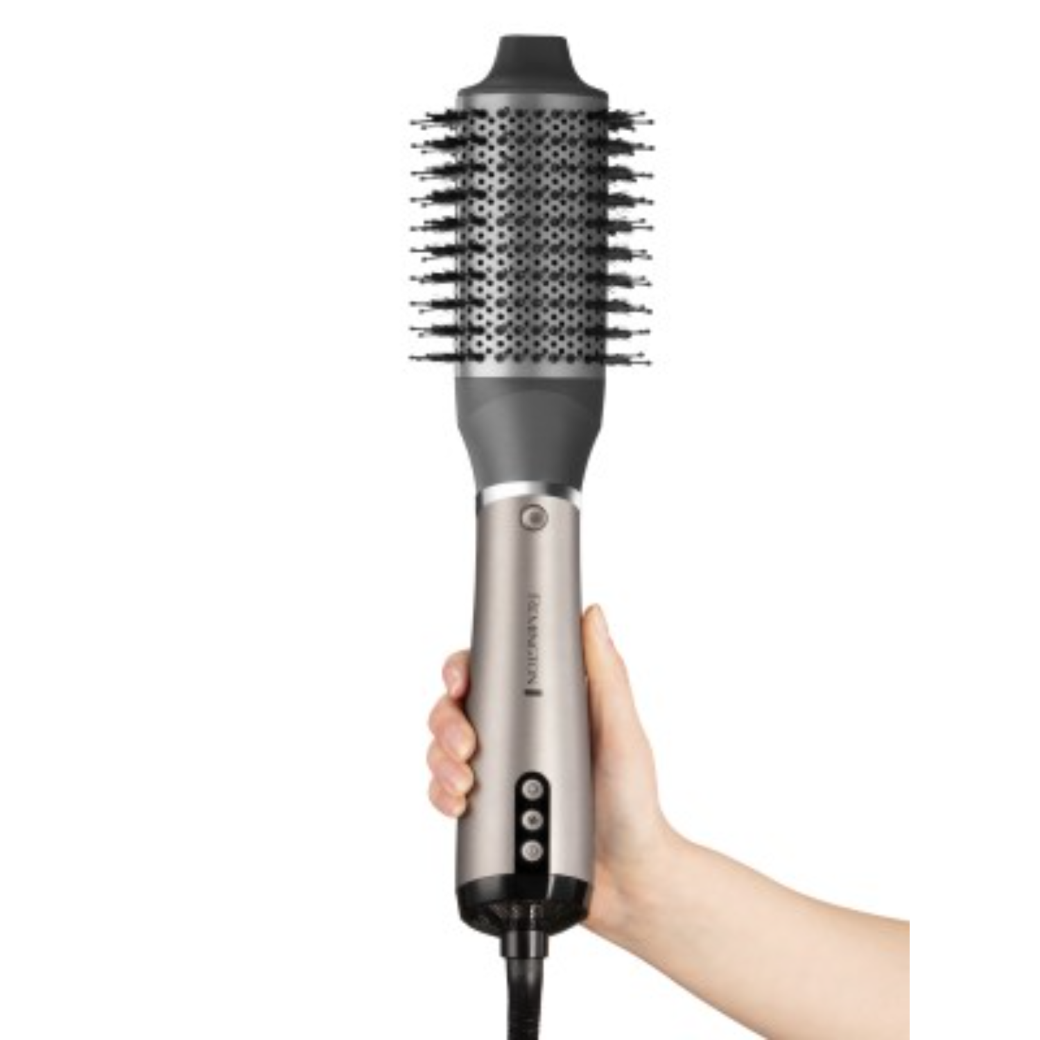 A person's hand holding a silver and gray hair dryer brush. The brush is cylindrical with bristles.