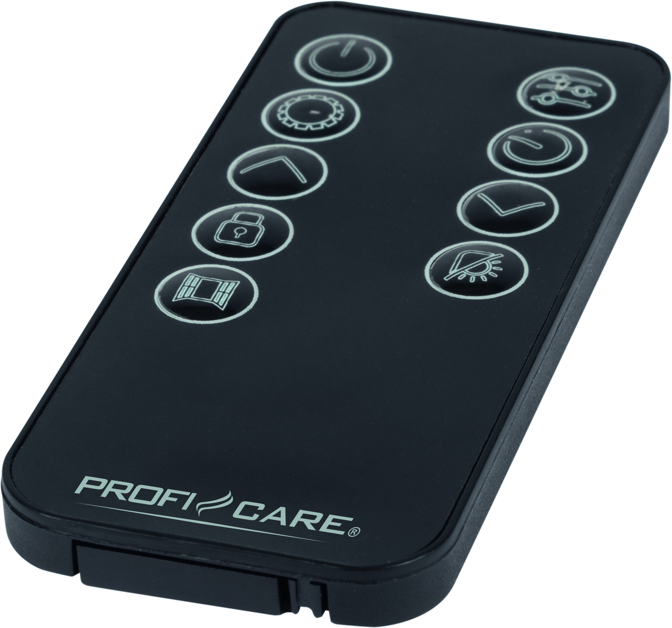 Eine schwarze Fernbedienung mit verschiedenen Knöpfen, beschriftet mit 'PROFI CARE'.