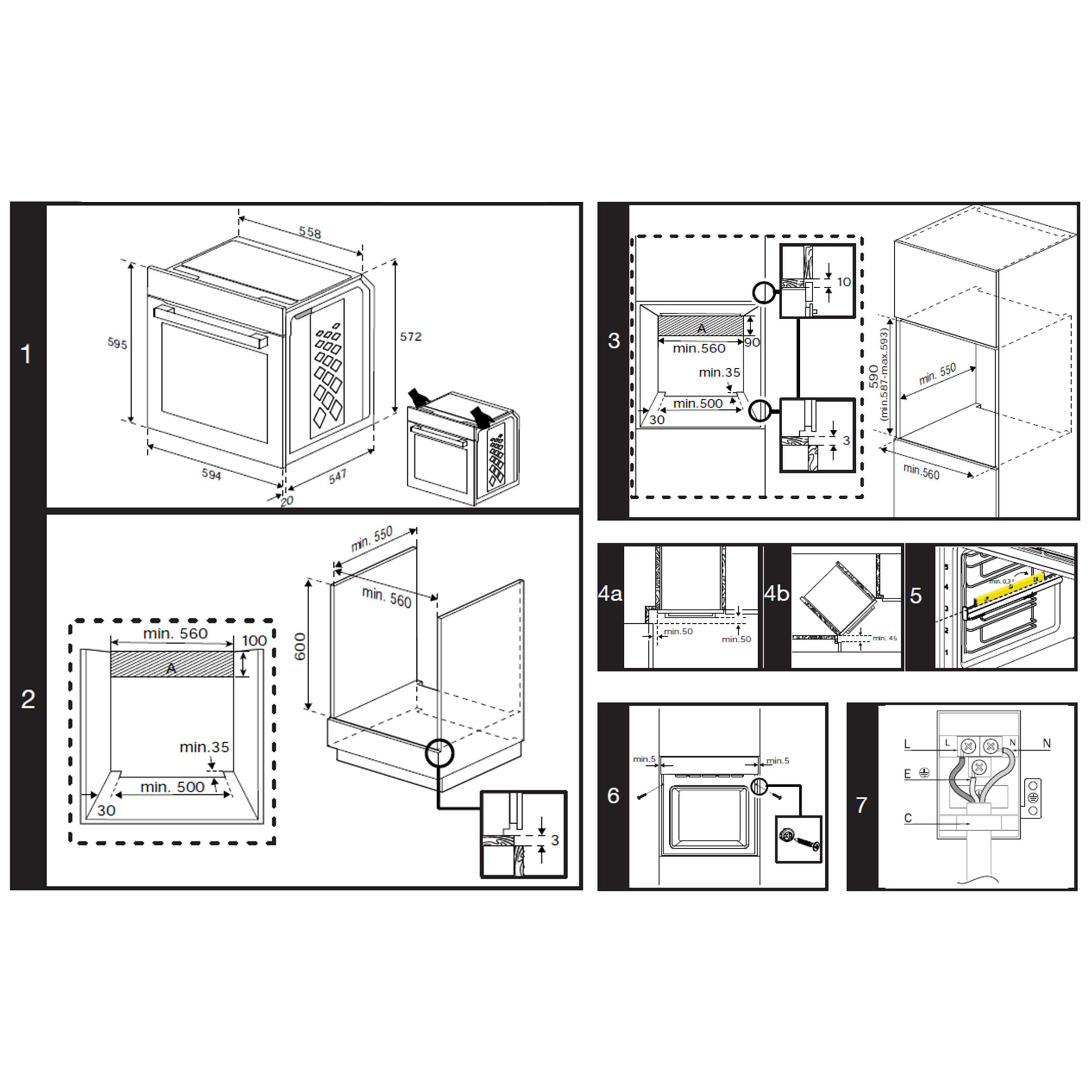 Diagramm mit Ofenabmessungen und Installationsdetails. Mehrere Ansichten und Messungen sind dargestellt.