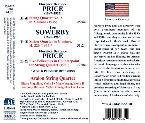 CD-Cover mit Werkliste von Florence Price und Leo Sowerby, USA-Flagge.