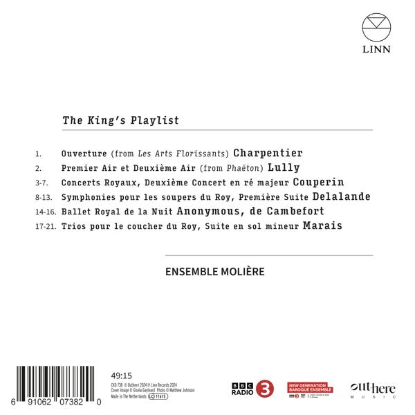 Titelliste für "The King's Playlist" von Ensemble Molière auf dem Linn-Label.