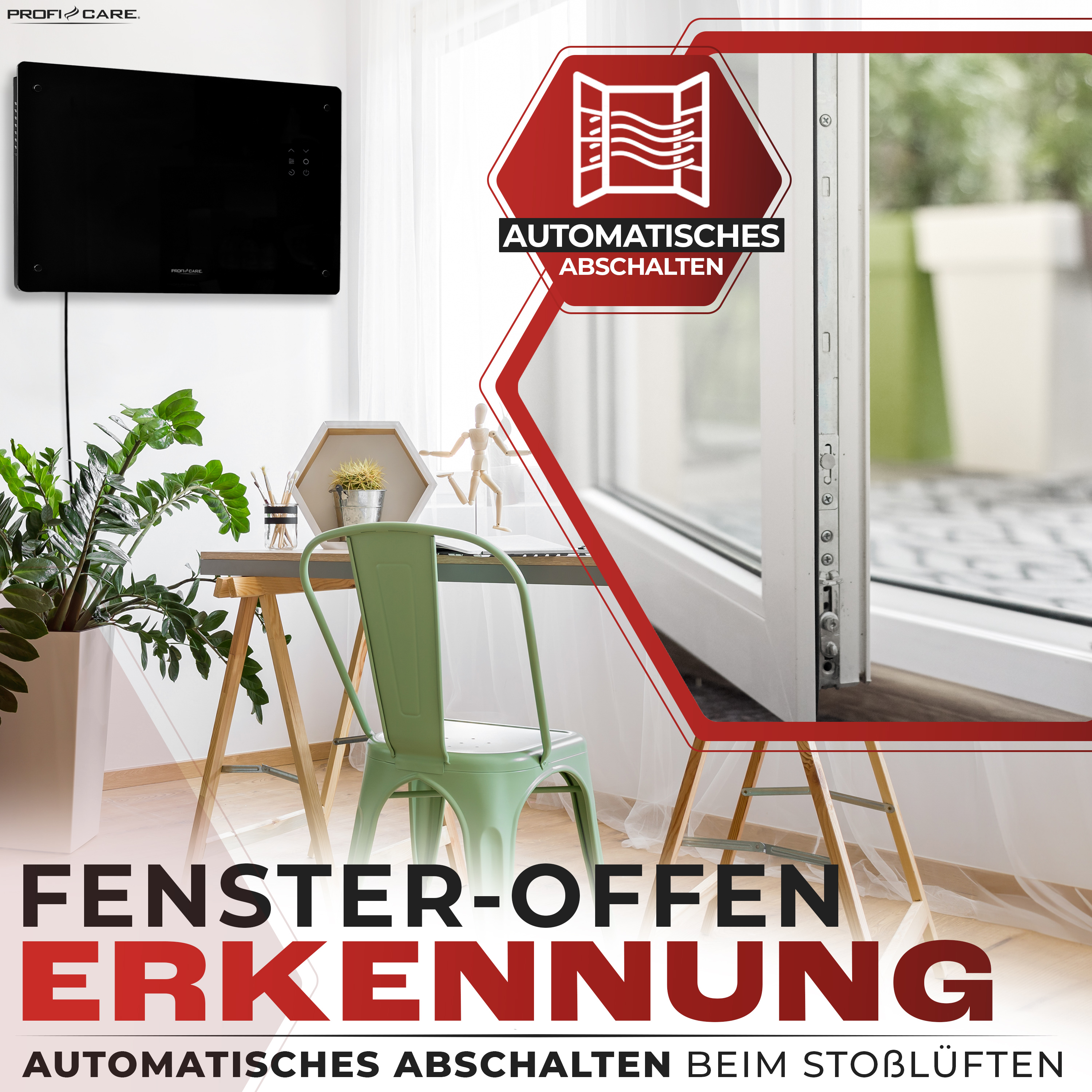 Innenraum mit Schreibtisch, Stuhl und Pflanze. Ein Fenster ist offen.