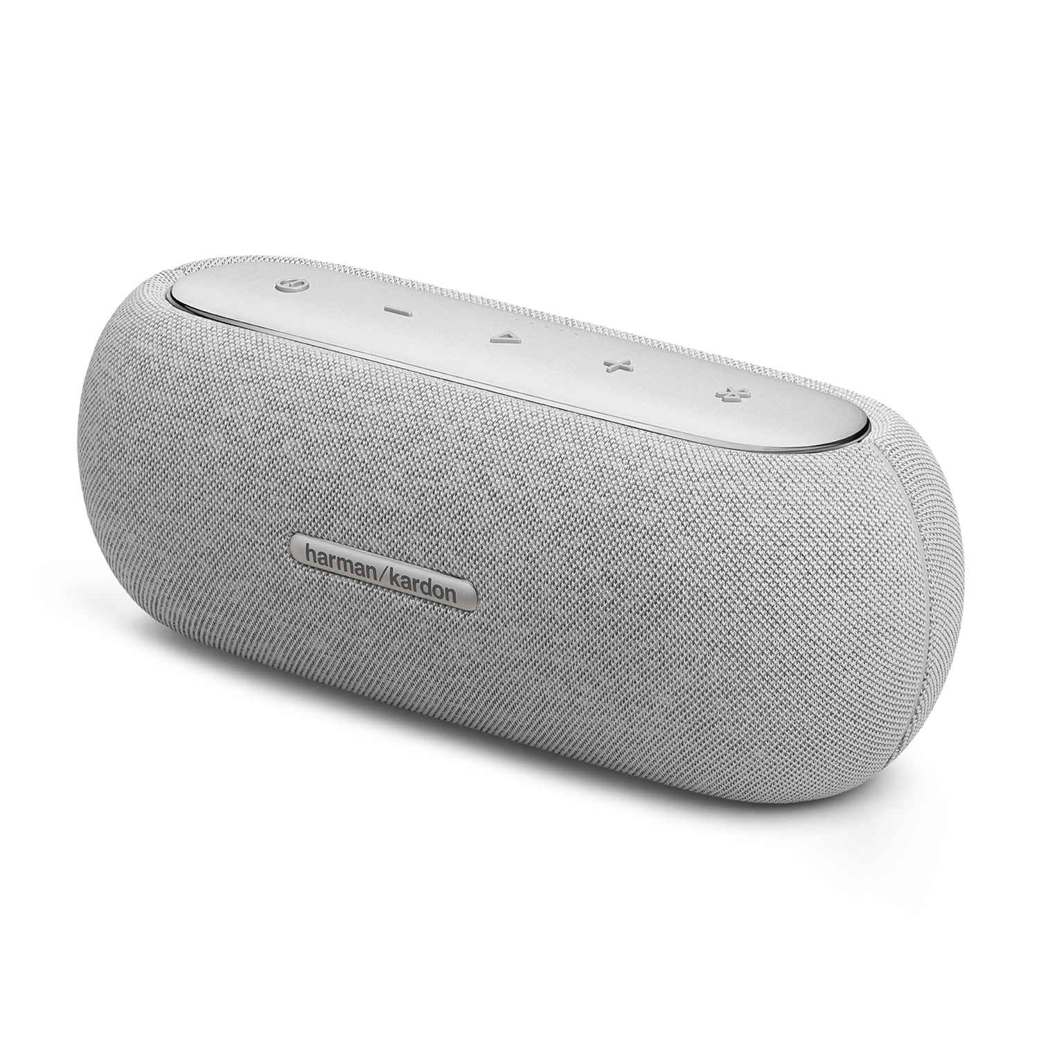 Altoparlante grigio ovale con controlli sopra, marchio 'harman/kardon'.