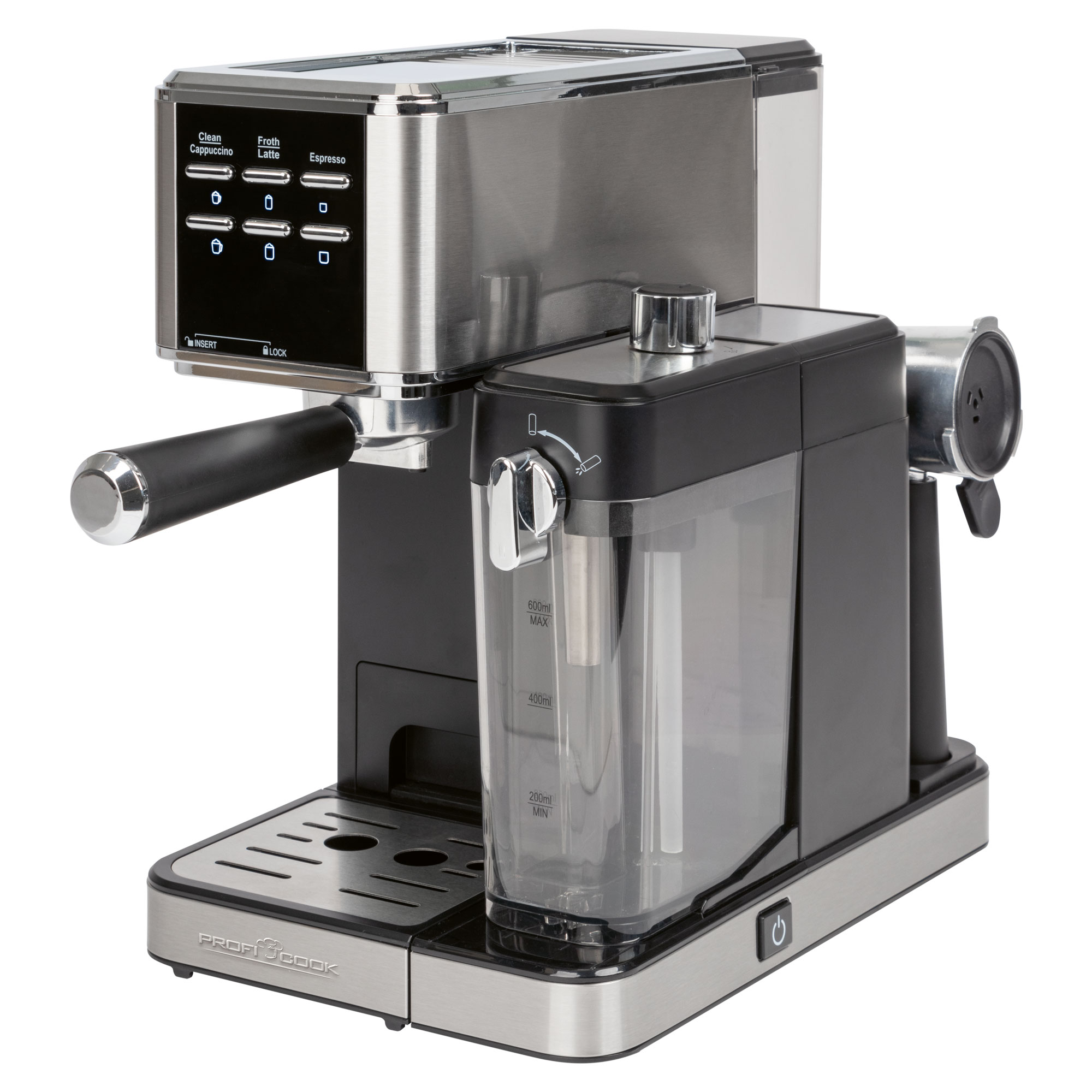 Espressomaschine mit Wassertank, Griff und Bedientasten.