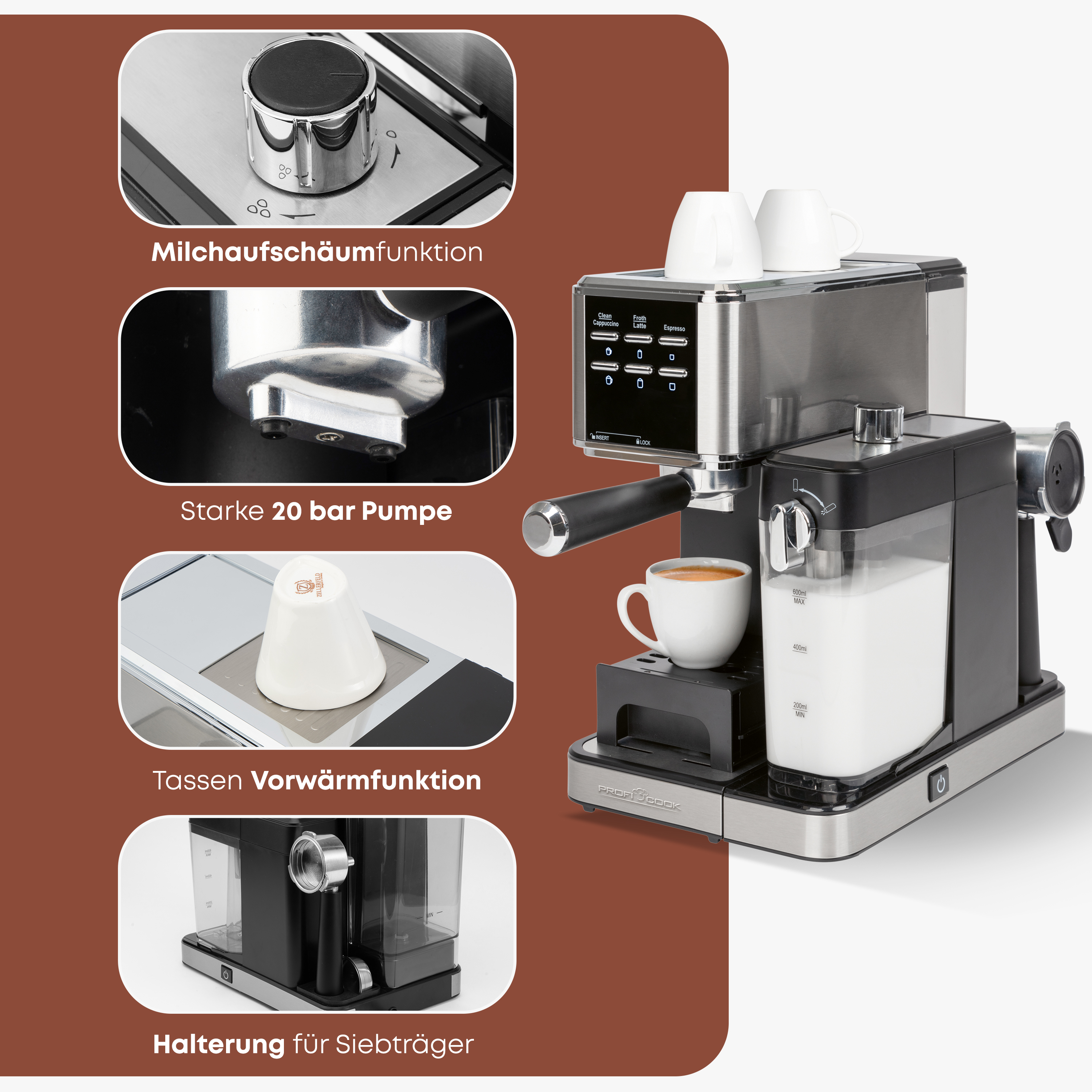 Espressomaschine mit Nahaufnahmen von Milchaufschäumen, Siebträger und Tassenwärmer. Text: Eigenschaften.