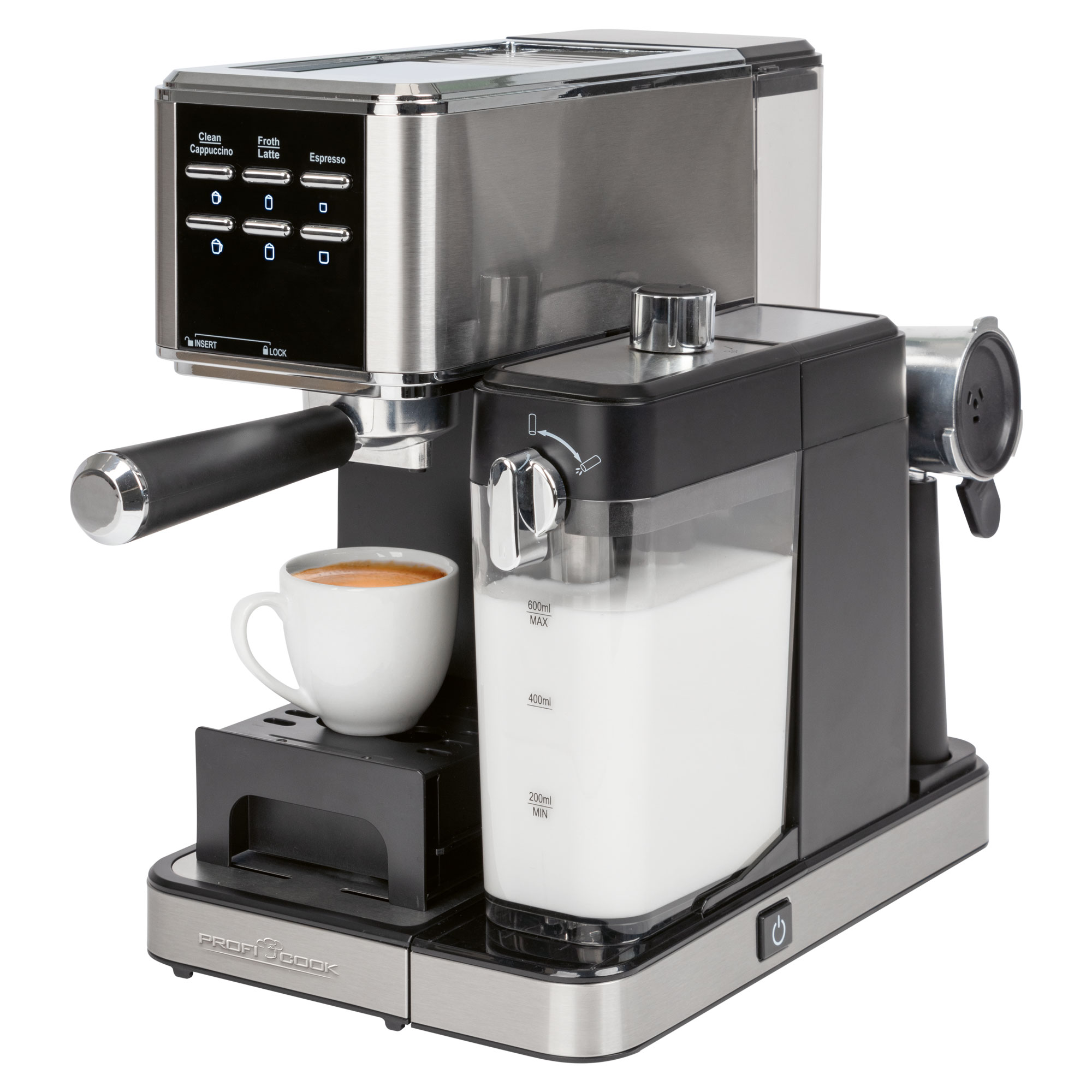 Espressomaschine mit Milchaufschäumer, Kaffeetasse auf Tablett und schwarzem Sockel.