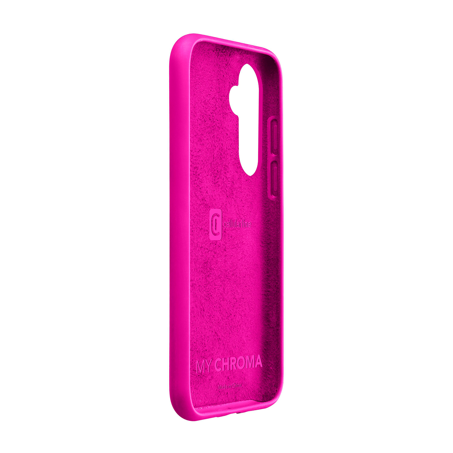 Una custodia per telefono rosa acceso, vista laterale, con un foro per la fotocamera.