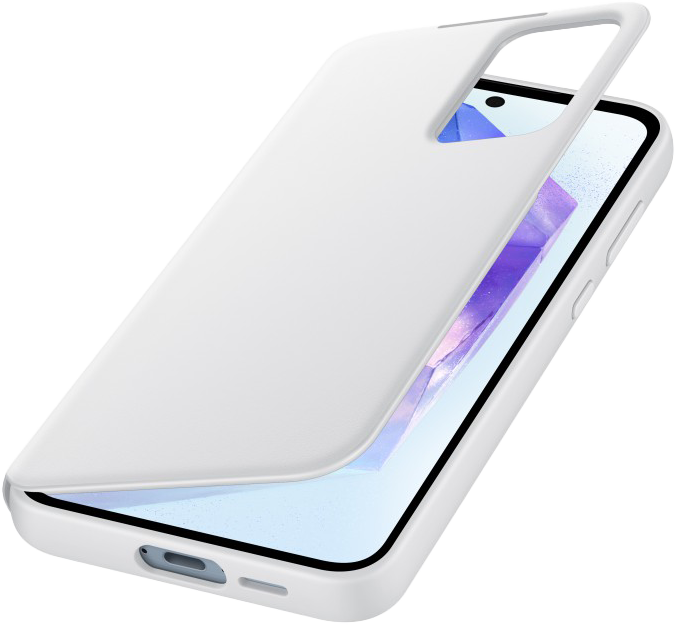 Egy fehér telefontok nyitva van egy telefon felett. A telefon kék képernyőt mutat.
