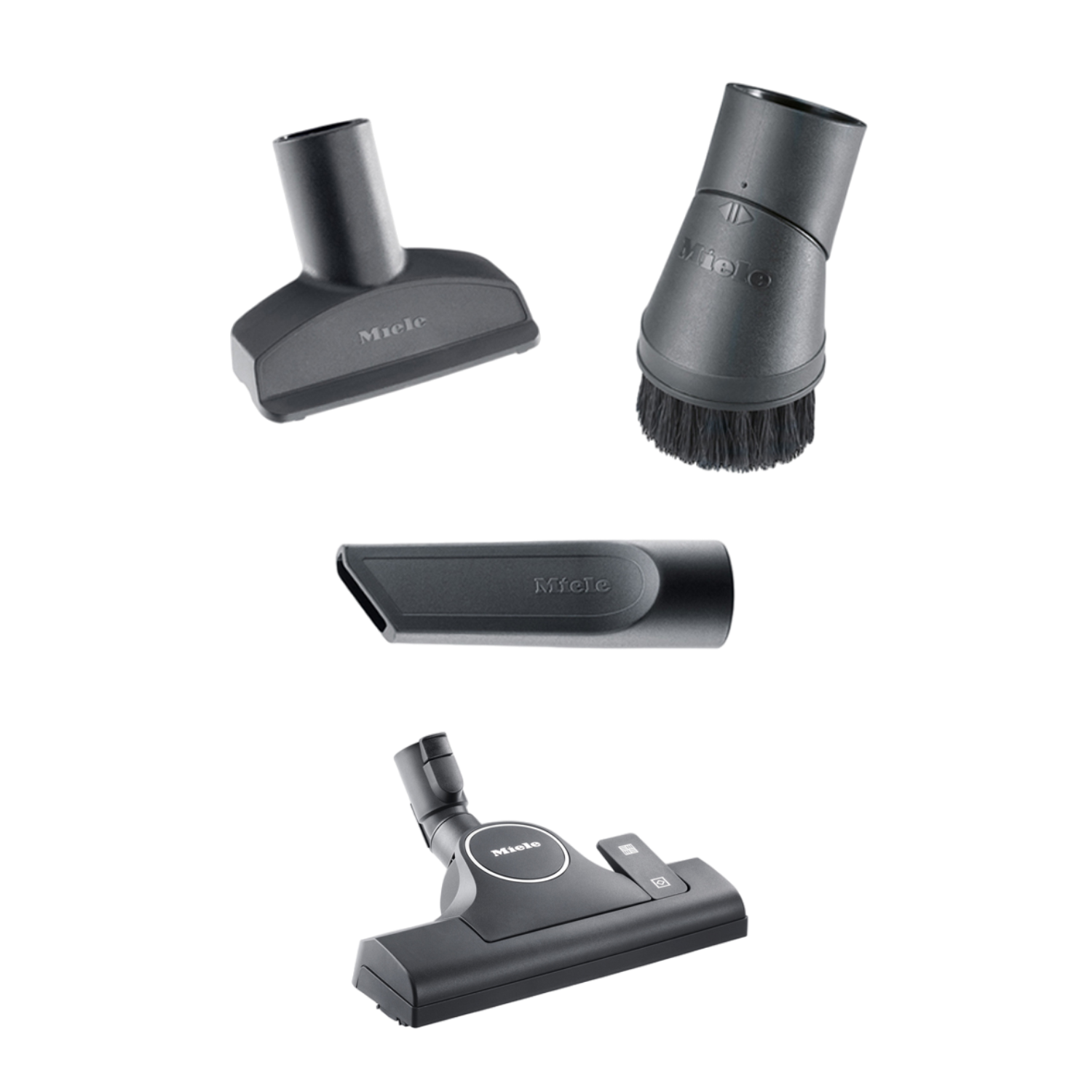 Vacuum cleaner attachments, various black nozzles against a black background.