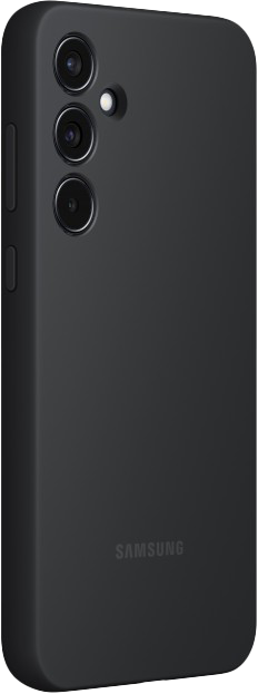 Egy fekete telefon három hátlapi kamerával, oldalról nézve. A SAMSUNG logója látható a hátoldalon.