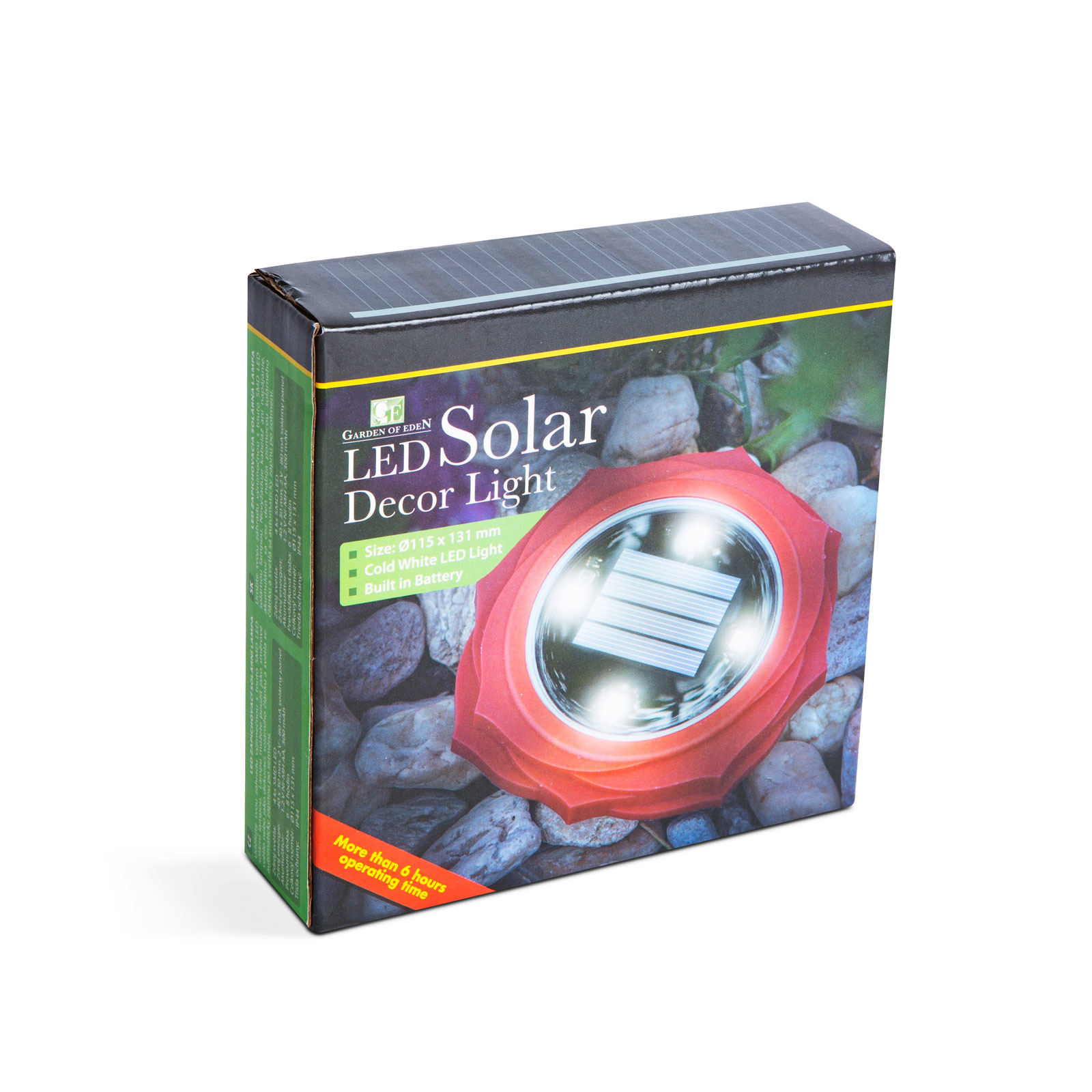 Napelemes dekorációs lámpa doboza. Piros és fehér fény. Szöveg: LED Solar Decor Light.