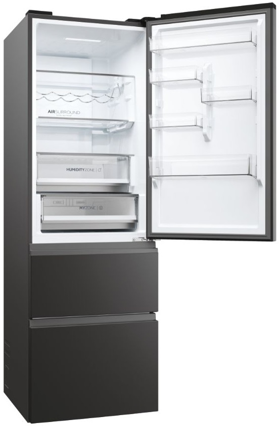 Otwarta lodówka z jedzeniem w środku. Lodówka jest szara z przezroczystymi półkami i szufladą.