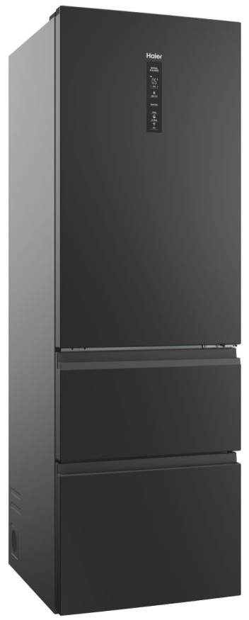 Czarna lodówka Haier. Ma dwie dolne szuflady i górne drzwi. Jest na białym tle.