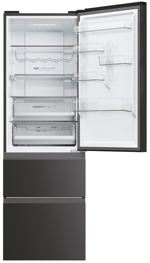 Otwarta czarna lodówka z szufladami i półkami. Wnętrze jest widoczne i dobrze oświetlone, pokazując przechowywanie.