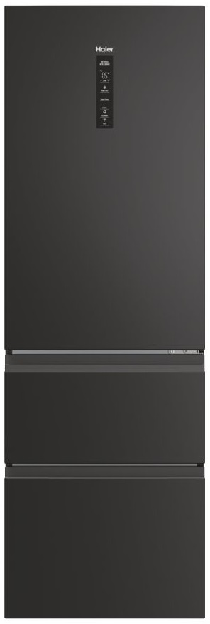 Czarna lodówka Haier. Dwie szuflady zamrażarki na dole i panel wyświetlacza na górze.