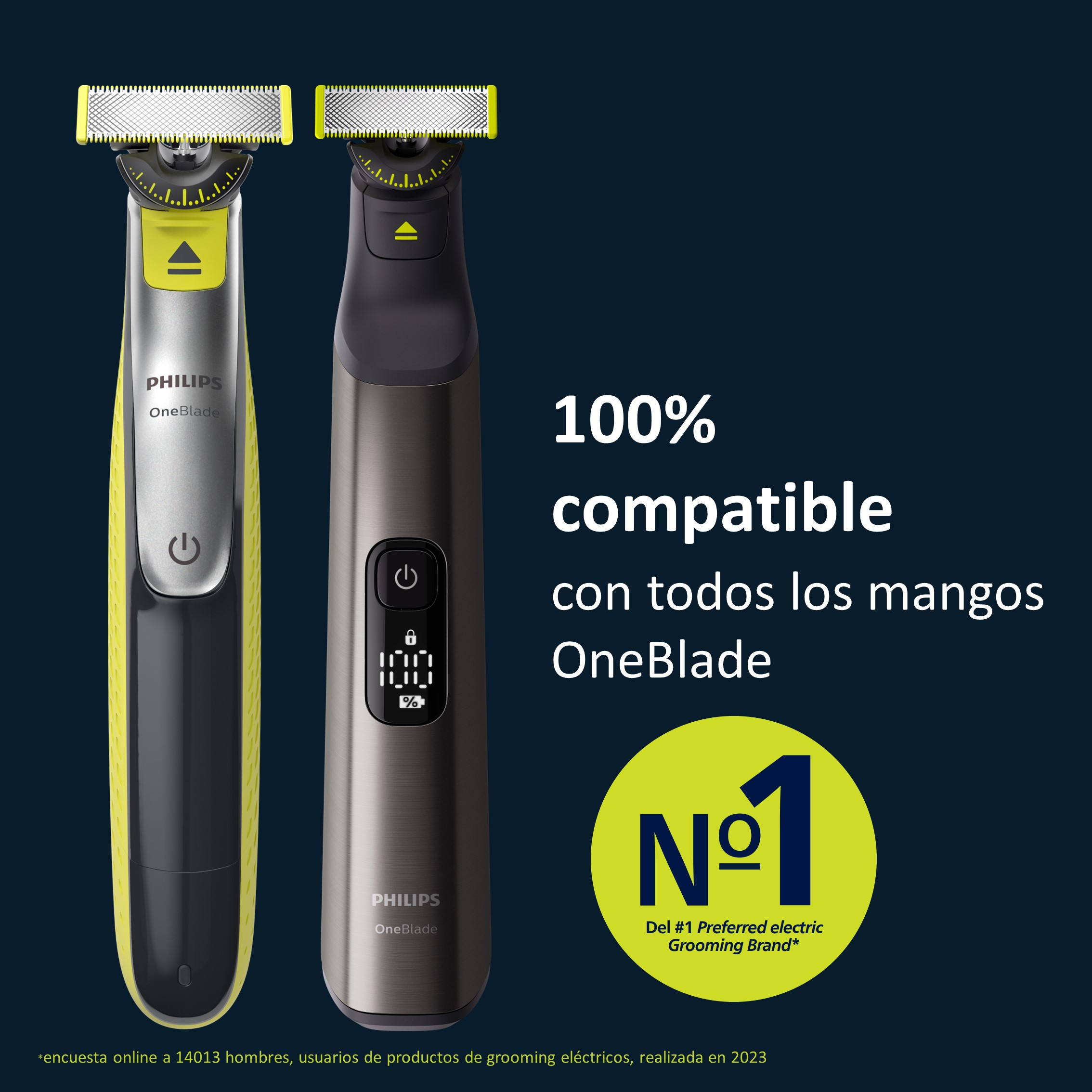 Dos afeitadoras Philips OneBlade, una negra, otra plateada, con ribete amarillo, sobre fondo azul oscuro.