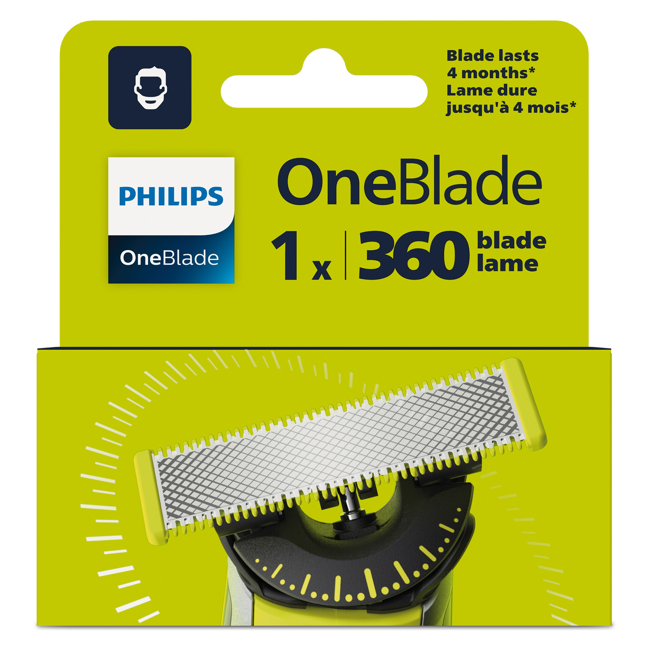 Paquete de cuchillas de repuesto Philips OneBlade. Muestra la cuchilla y el texto en inglés y francés.
